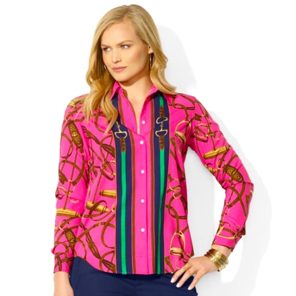 RALPH LAUREN Rare Pink Equestrian Horse Bit Stirrup Beautiful Luxury Blouse M - Picture 3 of 15